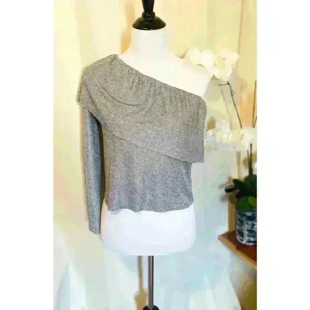 One Shoulder Sparkly Grey Long Sleeve Top by Zara